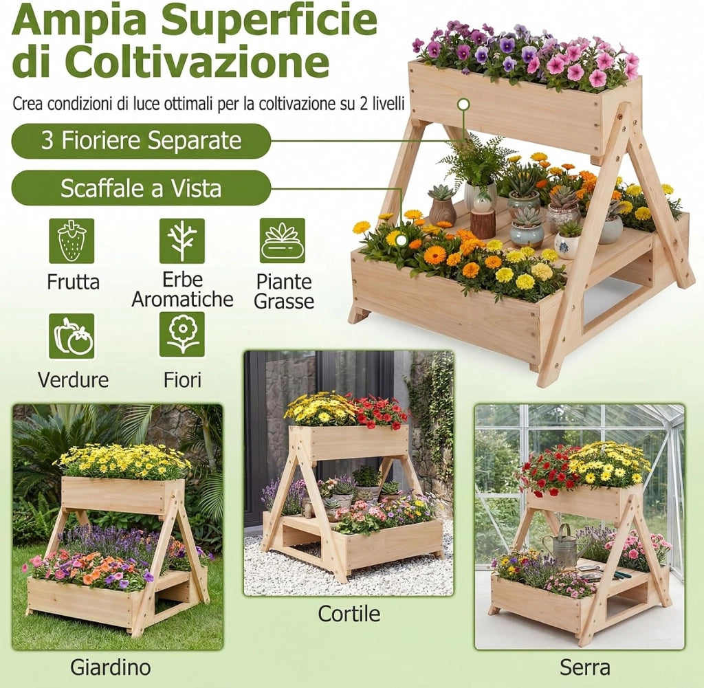 Fioriera Rialzata in Legno, Orto Rialzato da Giardino con 3 Vasi, Ripiano Aperto e Fori di Drenaggio, Fioriere Verticali da Esterno a Forma di A per Cortile e Balcone, 66 x 58 x 60 cm