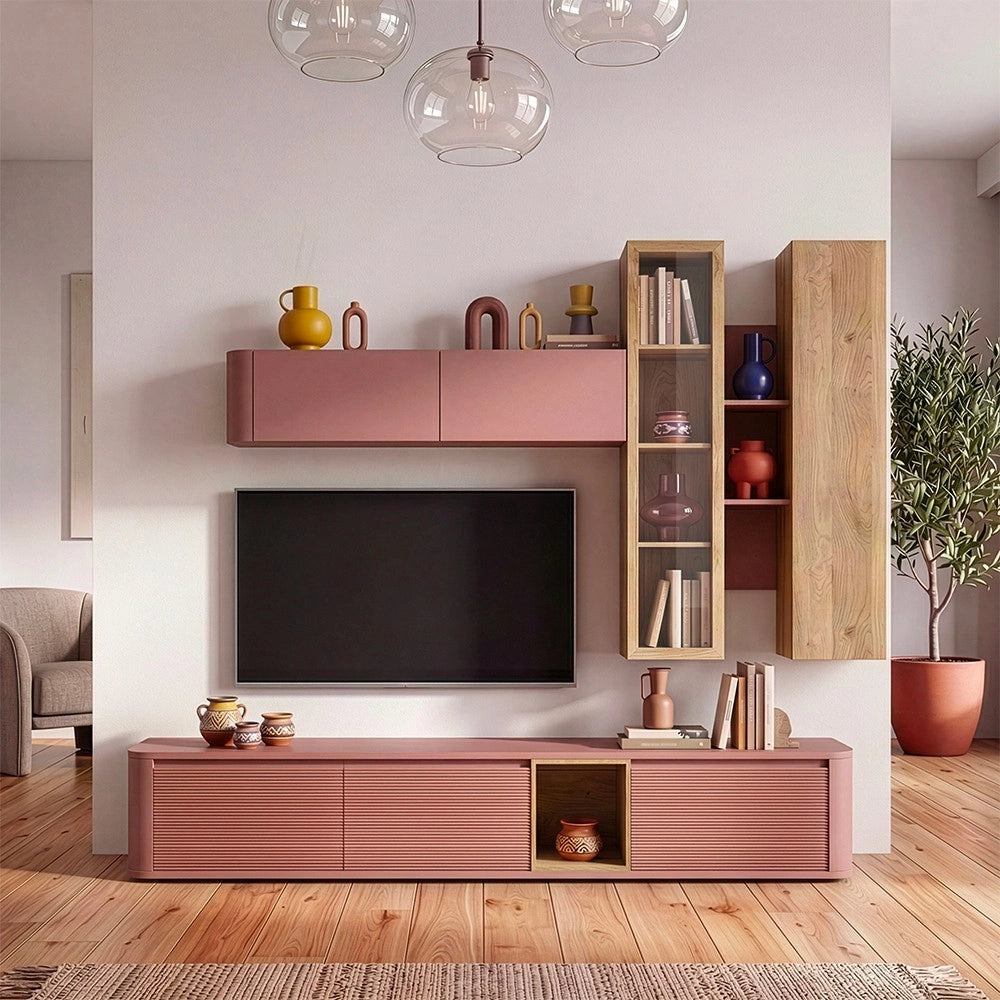 Soggiorno parete attrezzata Core grande con porta tv e pensili in colore rovere e terracotta