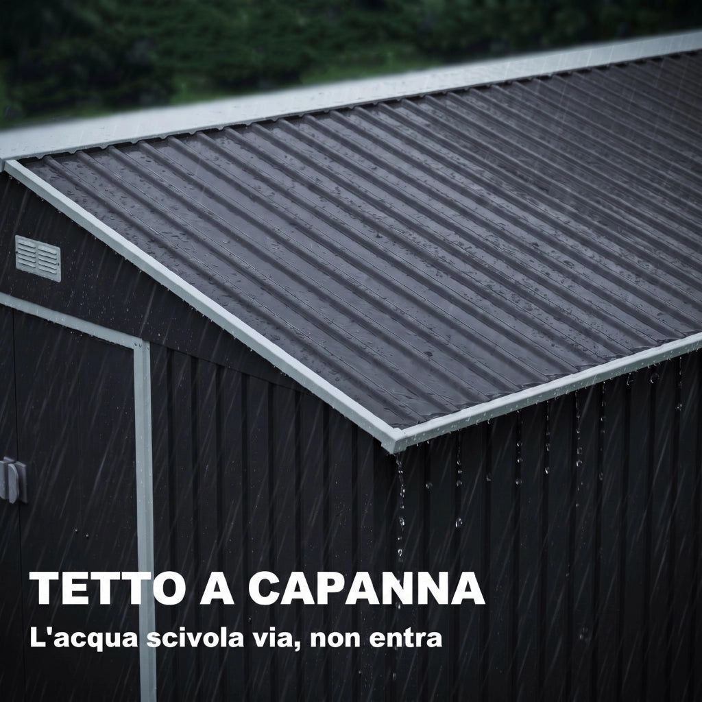 Casetta da Giardino con 2 Porte Scorrevoli e 4 Prese d'Aria, in Acciaio, 322x277x192 cm, Grigio