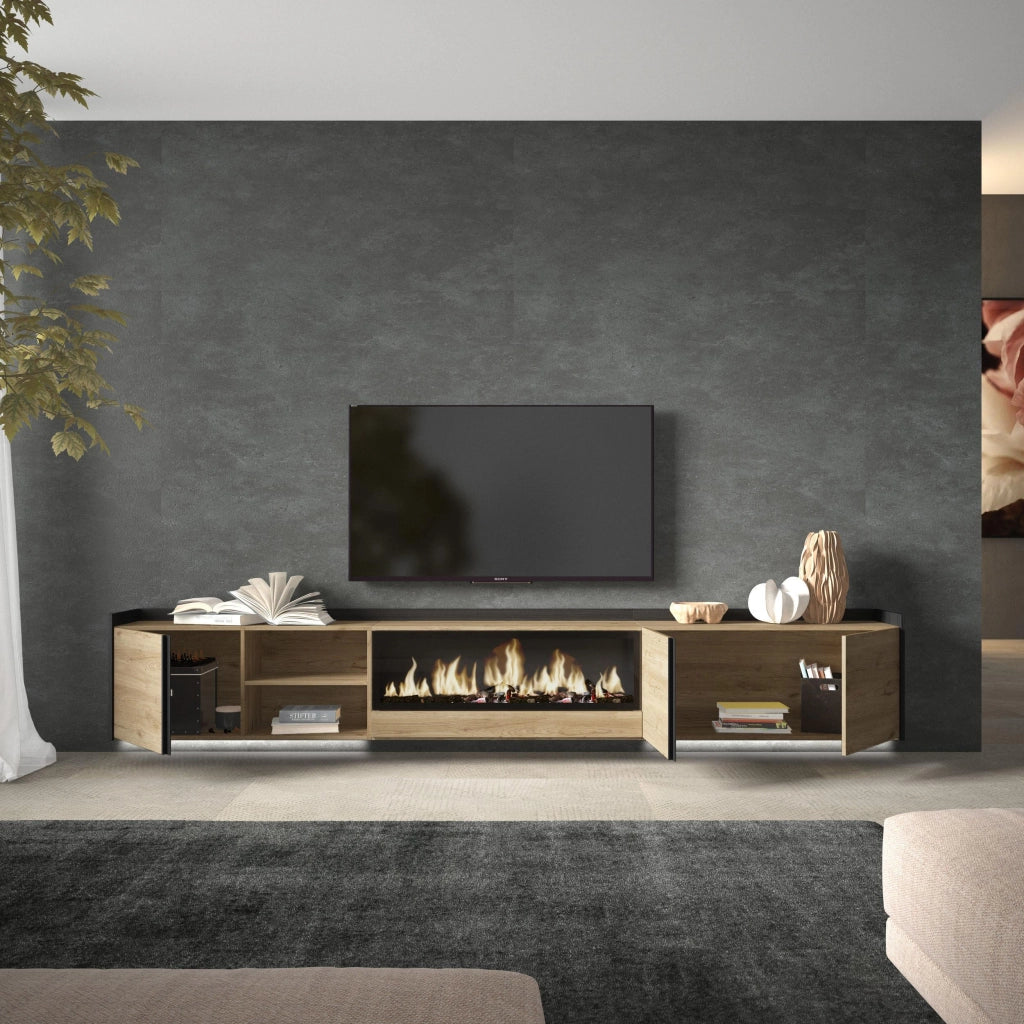 Mobile TV Soggiorno, 315x50x35 cm, Per TV fino a 80", Camino elettrico XXL, Sospeso, da appendere, LED, Rovere e nero