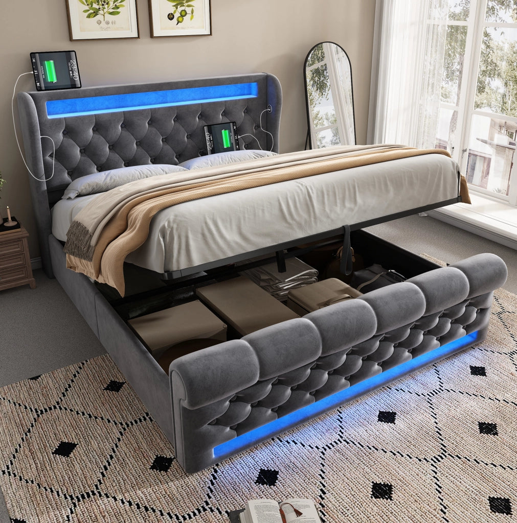 Letto matrimoniale 140x190 cm con LED, USB-C e vano contenitore