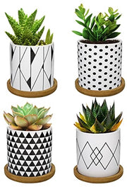 Set di vasi per piante in ceramica Lewondr, 4 pezzi, 7 cm, vasi per piante miniatura per cactus, set con cucchiai in bambù, decorazioni - serie 02, disegno geometrico, nero e bianco