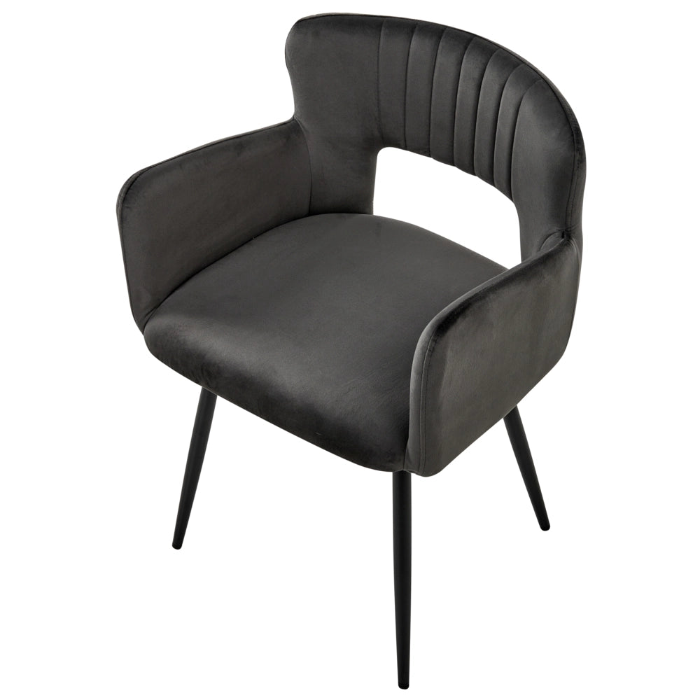 Set di 2 sedie da pranzo velluto grigio scuro braccioli schienale intagliato gambe in metallo moderna industriale