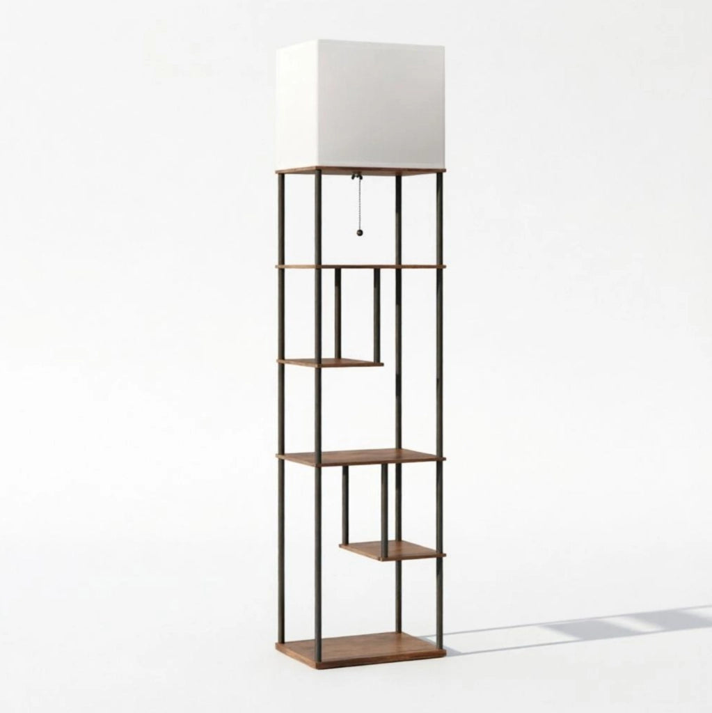 Lampada da terra dimmerabile con 5 ripiani; telecomando; MDF e metallo; beige e nero