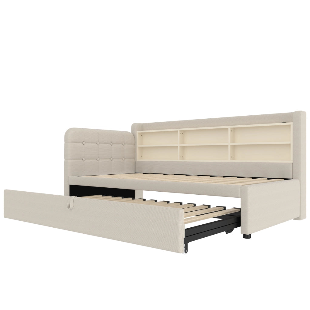 Divano letto estraibile 90x200 cm in lino beige con USB e Type-C