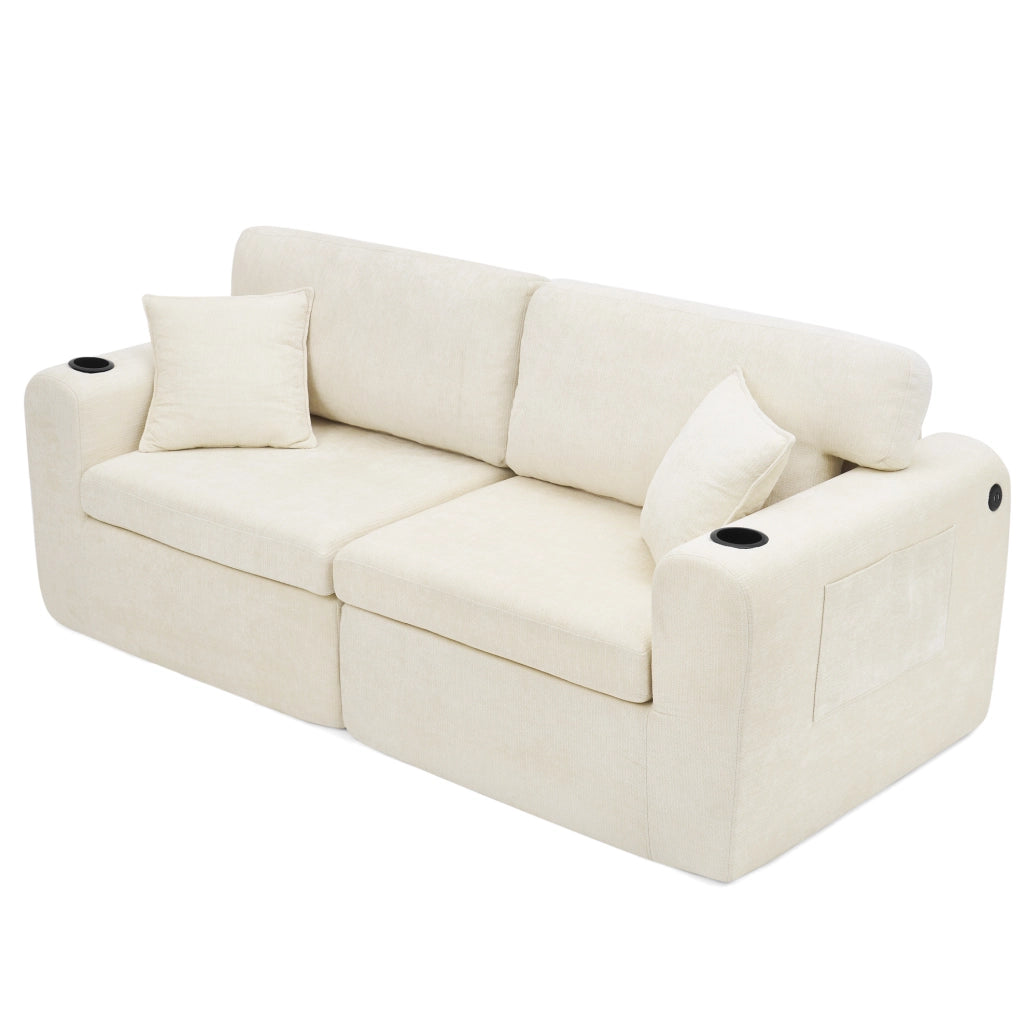 Divano 2 posti relax in chenille con USB; tasche laterali e portabicchieri; beige