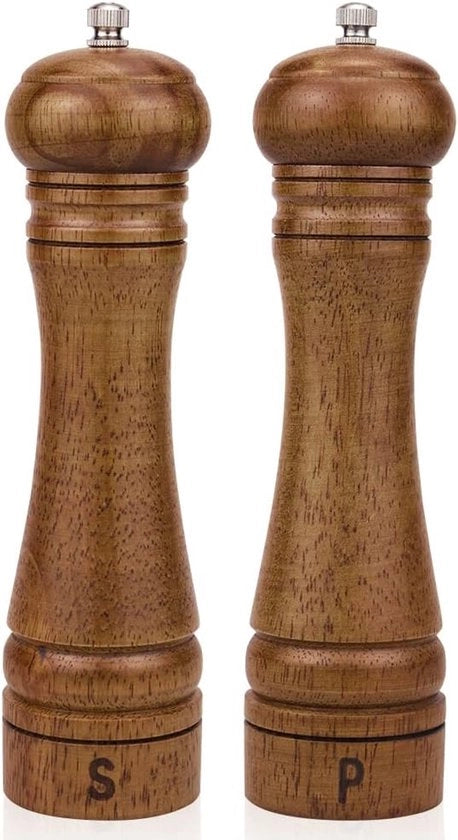 Set di Molini da Pepe e Sale in Legno, Mulinello da Pepe e Mulinello da Sale, Mulinello da Pepe, Dispensieri da Sale con Rotor Ceramico Regolabile - Mulinello da Pepe in Legno di Quercia per la Cucina 20 cm - 2 pezzi