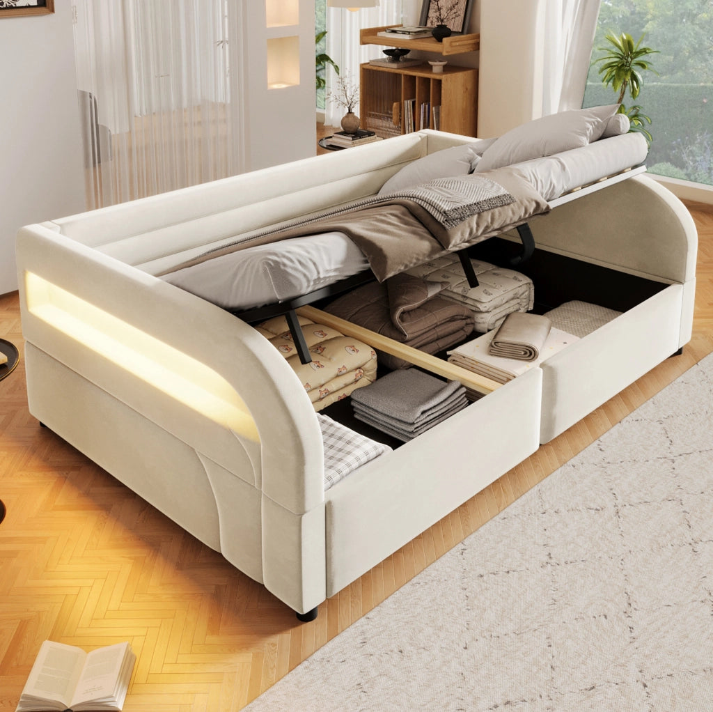 Letto imbottito 140x200 cm con contenitore idraulico e LED