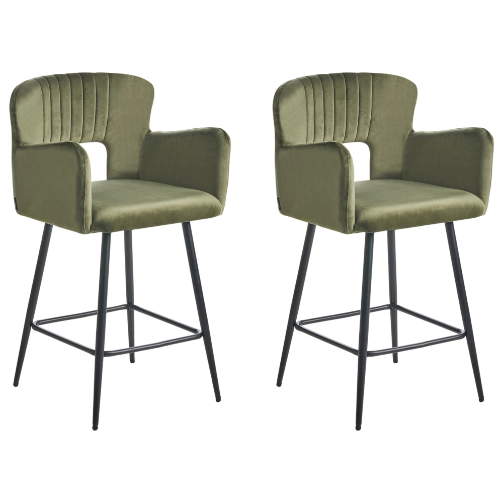 Set di 2 sgabelli da bar velluto verde oliva braccioli schienale intagliato gambe in metallo moderna industriale