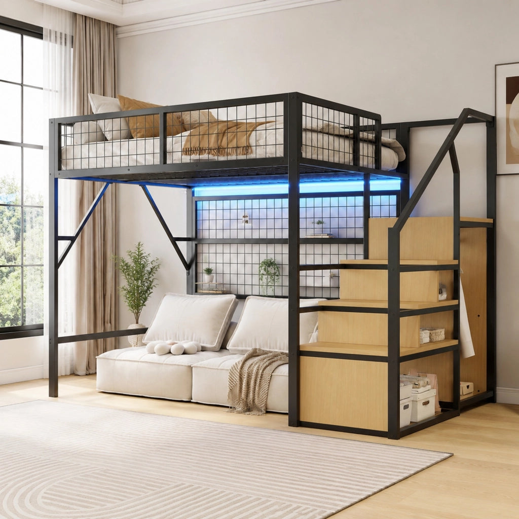 Letto a soppalco 140x200 cm in metallo con scala contenitore e LED; nero