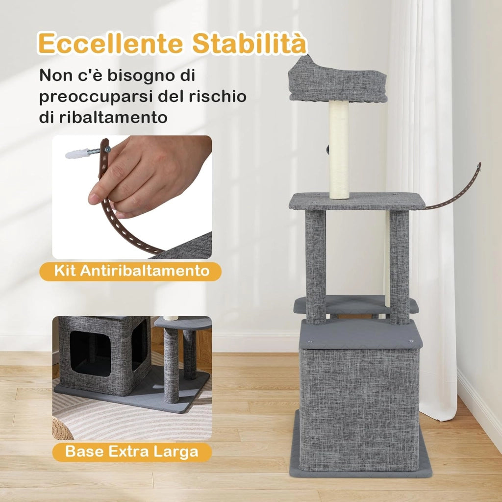 Tiragraffi per Gatto Alto 117 cm, Albero Tiragraffi Gatto con 5 Piattaforme, 2 Pali Sisal e Pallina Pompon, Torre Tiragraffi per Gatti con Grotta e Trespolo, Grigio
