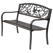 EasyComfort Panchina da giardino Impermeabile Acciaio e Ghisa per Esterni, Schienale con Decorazioni Motivo Naturale, 127x60cm, Marrone