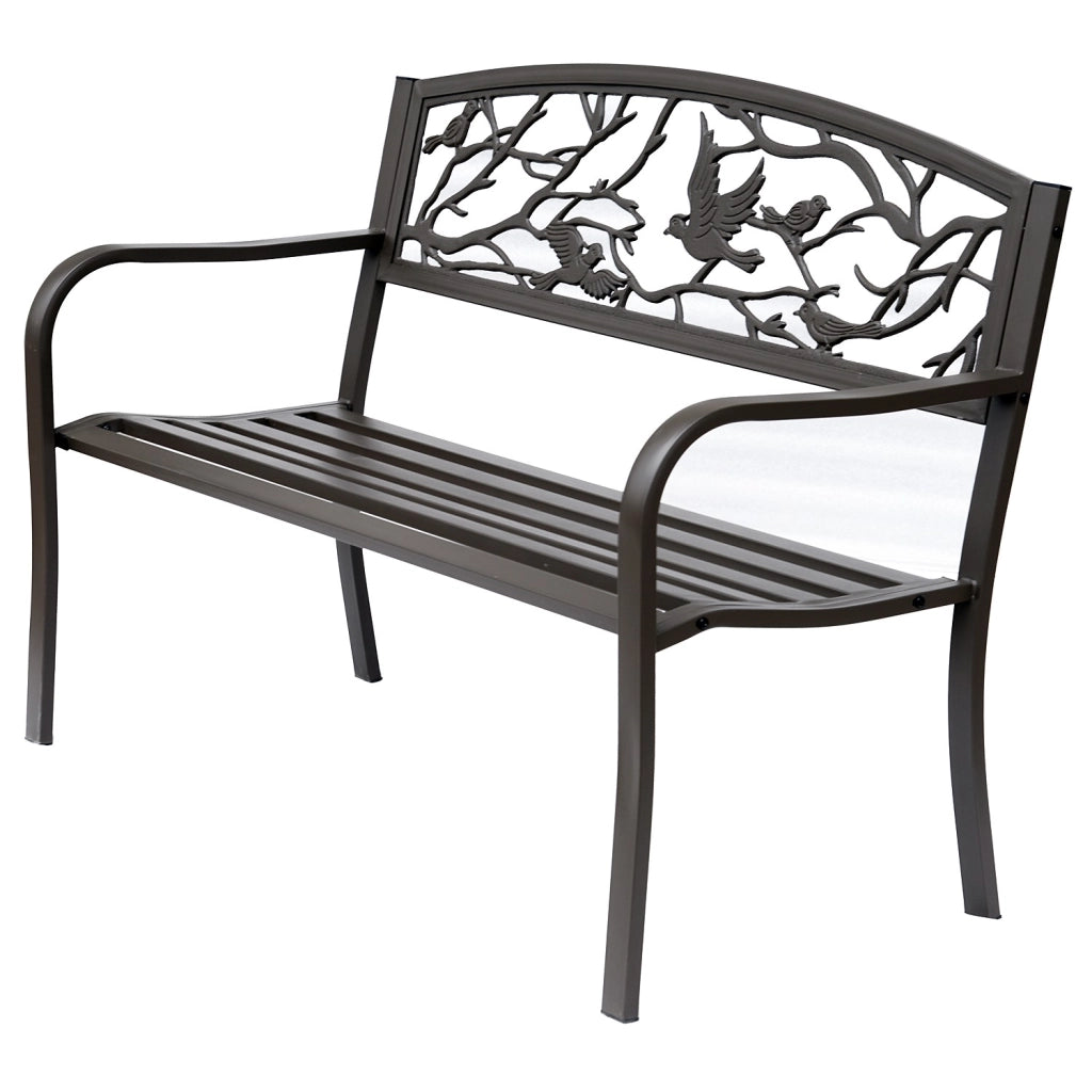 EasyComfort Panchina da giardino Impermeabile Acciaio e Ghisa per Esterni, Schienale con Decorazioni Motivo Naturale, 127x60cm, Marrone
