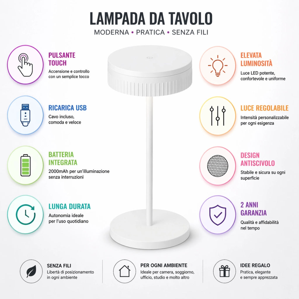 LAMPADA TAVOLO LED RICARICABILE TOUCH USB 2000MAH DESIGN MODERNO BIANCA LPT146
