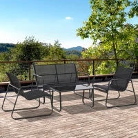Set Tavolino con Panchina e 2 Sedie da Giardino, Arredamento da Esterno in Metallo e Texteline, Nero