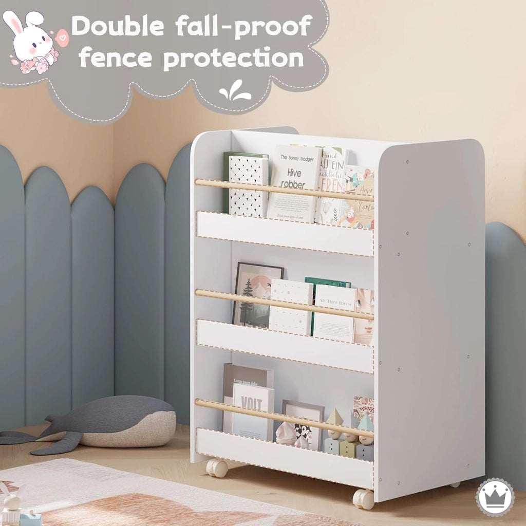 Libreria per Bambini con Ruote 2 in 1, Porta Libri e Giocattoli, Libreria a 3 Ripiani e Portagiochi con Scatole e Scomparti Aperti per Camerette, Asili, in Legno, Bianco, 62,5x40x82,5cm