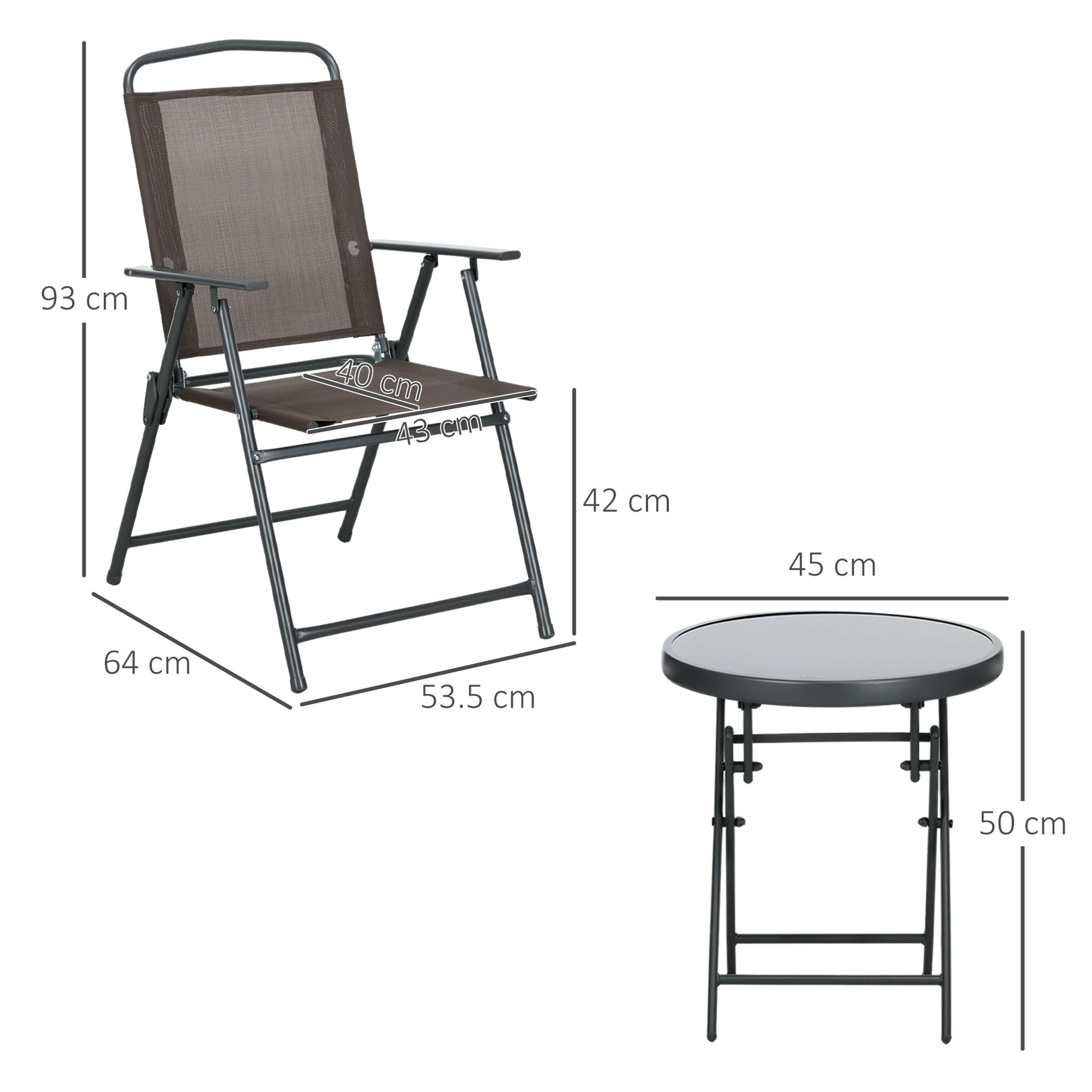 Set 3 Pezzi da Giardino con 2 Sedie 53,5x64x93 cm e Tavolino da Caffè Ø45x50 cm in Metallo Marrone