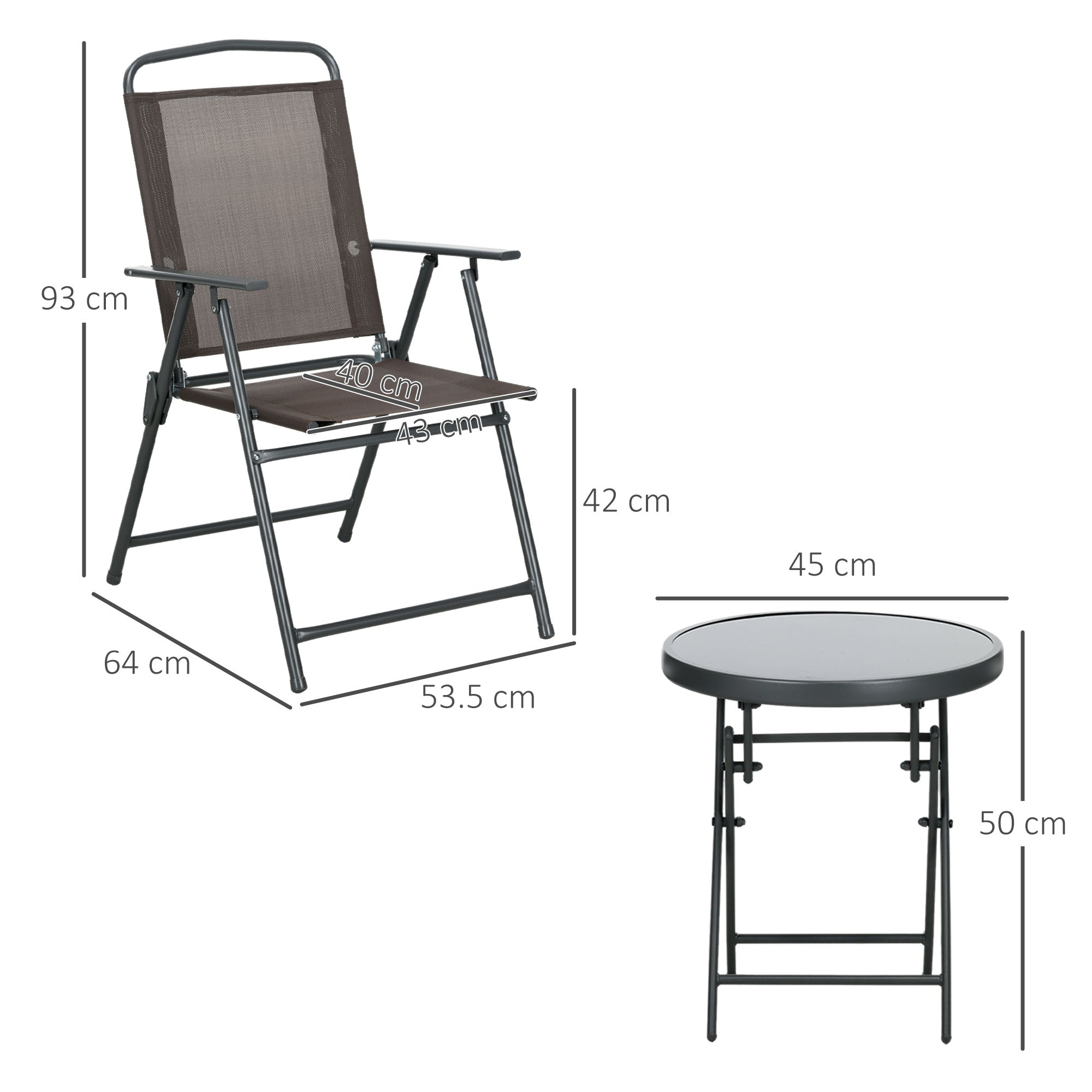Set 3 Pezzi da Giardino con 2 Sedie 53,5x64x93 cm e Tavolino da Caffè Ø45x50 cm in Metallo Marrone
