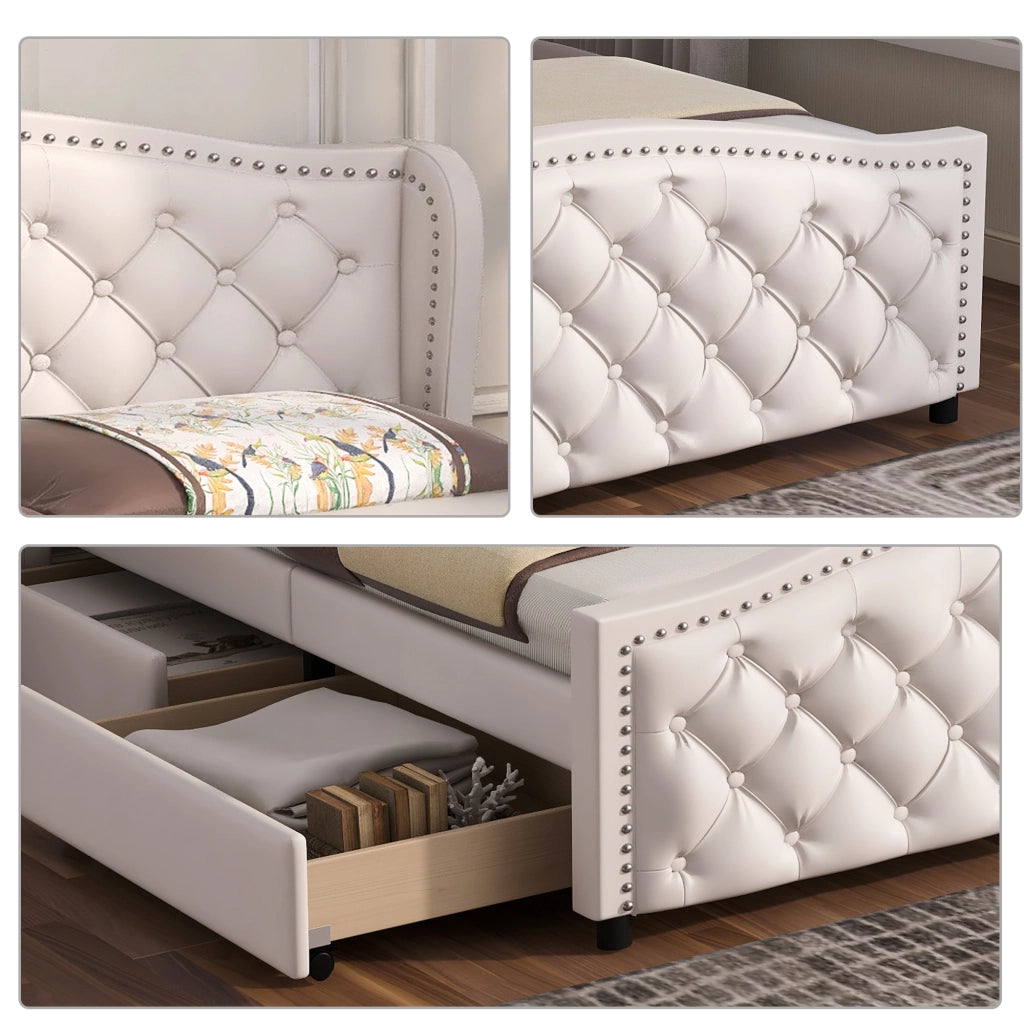 OKWISH Letto con Cassetti 160×200 cm, Letto Matrimoniale con 2 Cassetti, Testiera Chesterfield e Trapuntatura, senza Materasso, in PU, Bianco