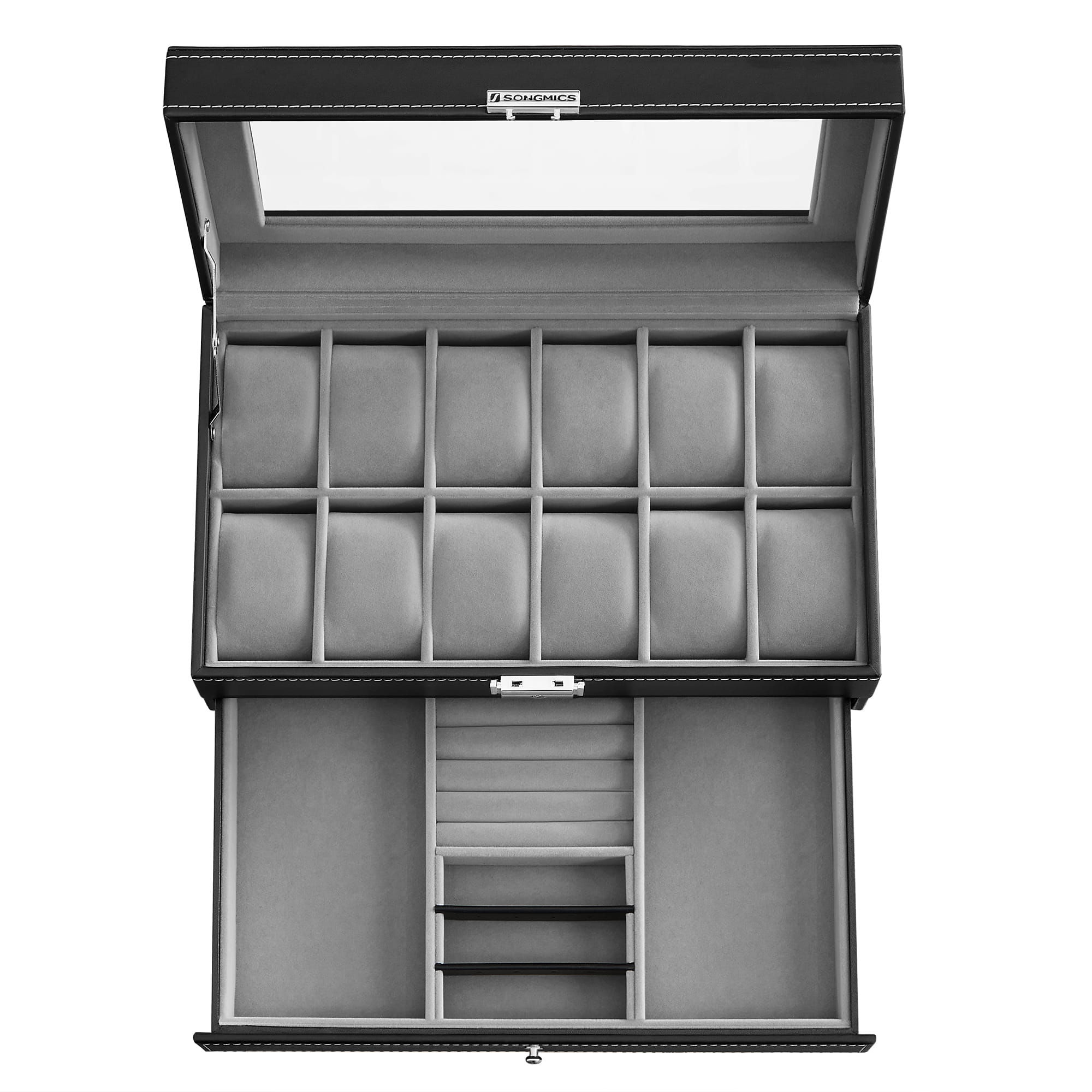 Valora Porta Orologi e Gioielli con 12 Scomparti e Cassetto - Nero