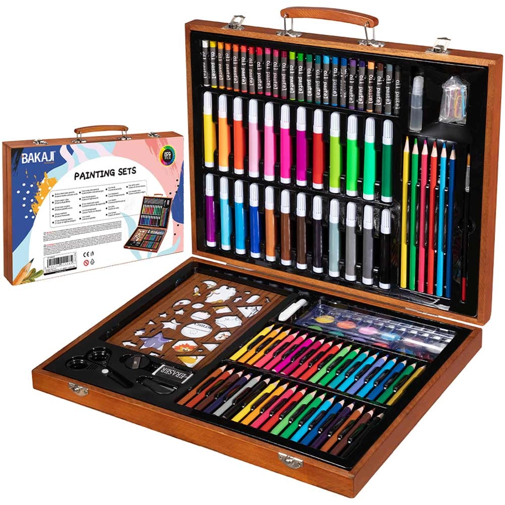 Valigetta di Legno Artista Pittore 110 Pezzi Pennarelli Pastelli Acquerelli Set Professionale