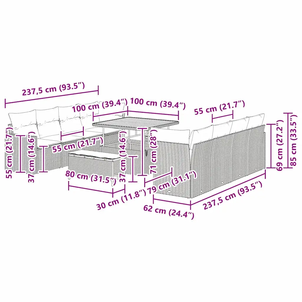 Set Divano da Giardino 11 pcs Grigio polyrattan 3361598