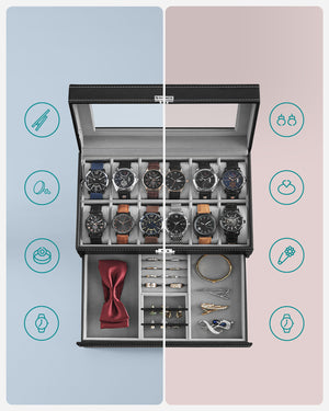 Valora Porta Orologi e Gioielli con 12 Scomparti e Cassetto - Nero