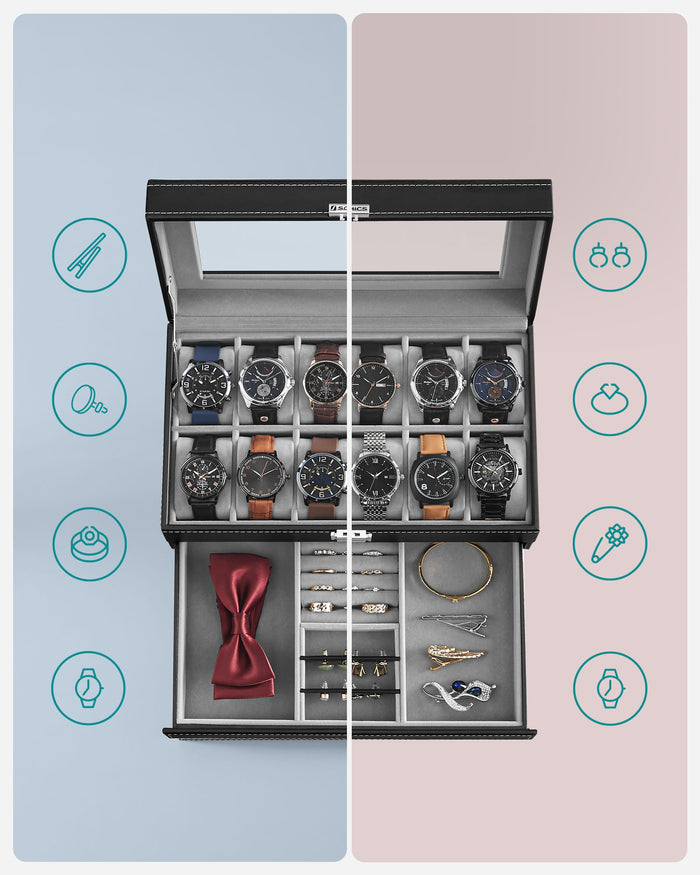 Valora Porta Orologi e Gioielli con 12 Scomparti e Cassetto - Nero