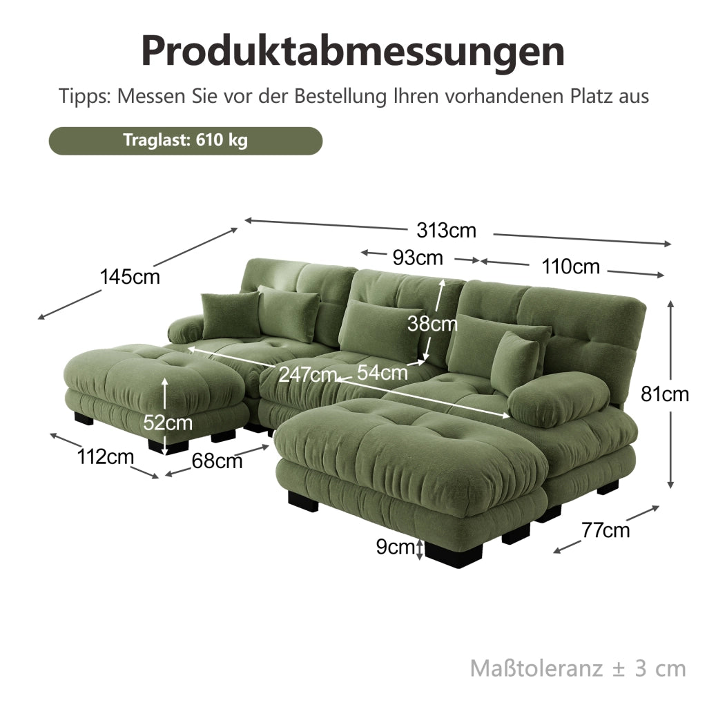 Divano modulare angolare a u con ottomani in chenille verde, seduta profonda e cuscini decorativi