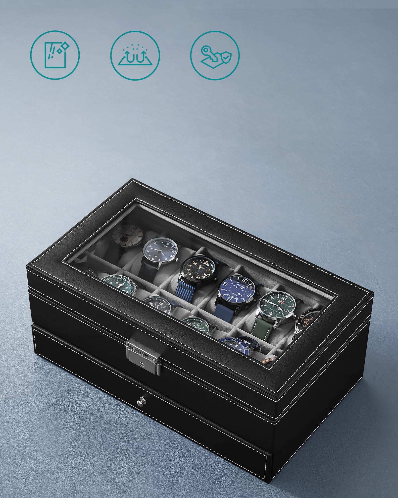 Valora Porta Orologi e Gioielli con 12 Scomparti e Cassetto - Nero