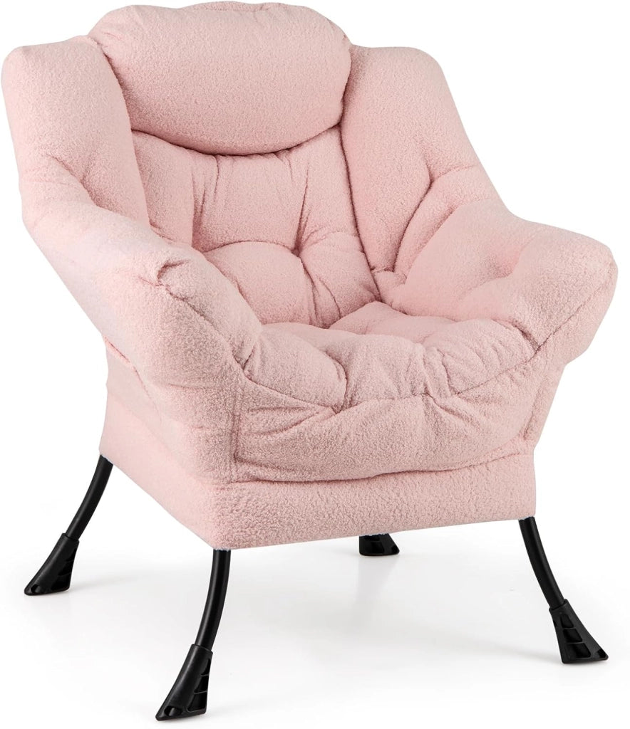 Poltrona da lettura moderna con struttura in metallo, 80 x 74 x 97 cm, sedia da divano imbottita in finta pelliccia, poltrona singola con braccioli e tasca laterale, per soggiorno, ufficio