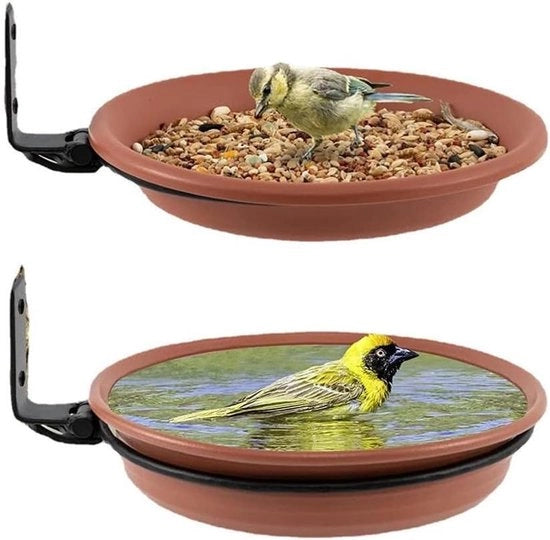 Vogelvoederhuisje per balcone e giardino, modello rotondo con fissaggio alla parete, colore marrone.