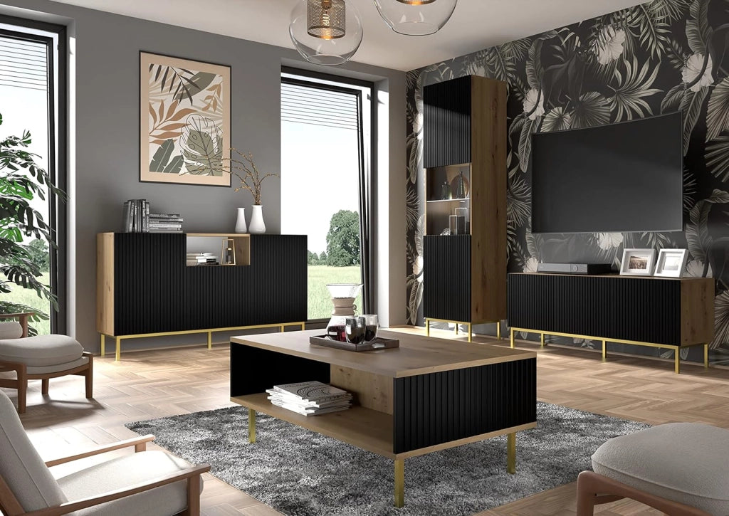 BIM FORNITURE mobile tv soggiorno RAVENNA cm 200x42x89H Nero opaco Rovere oro