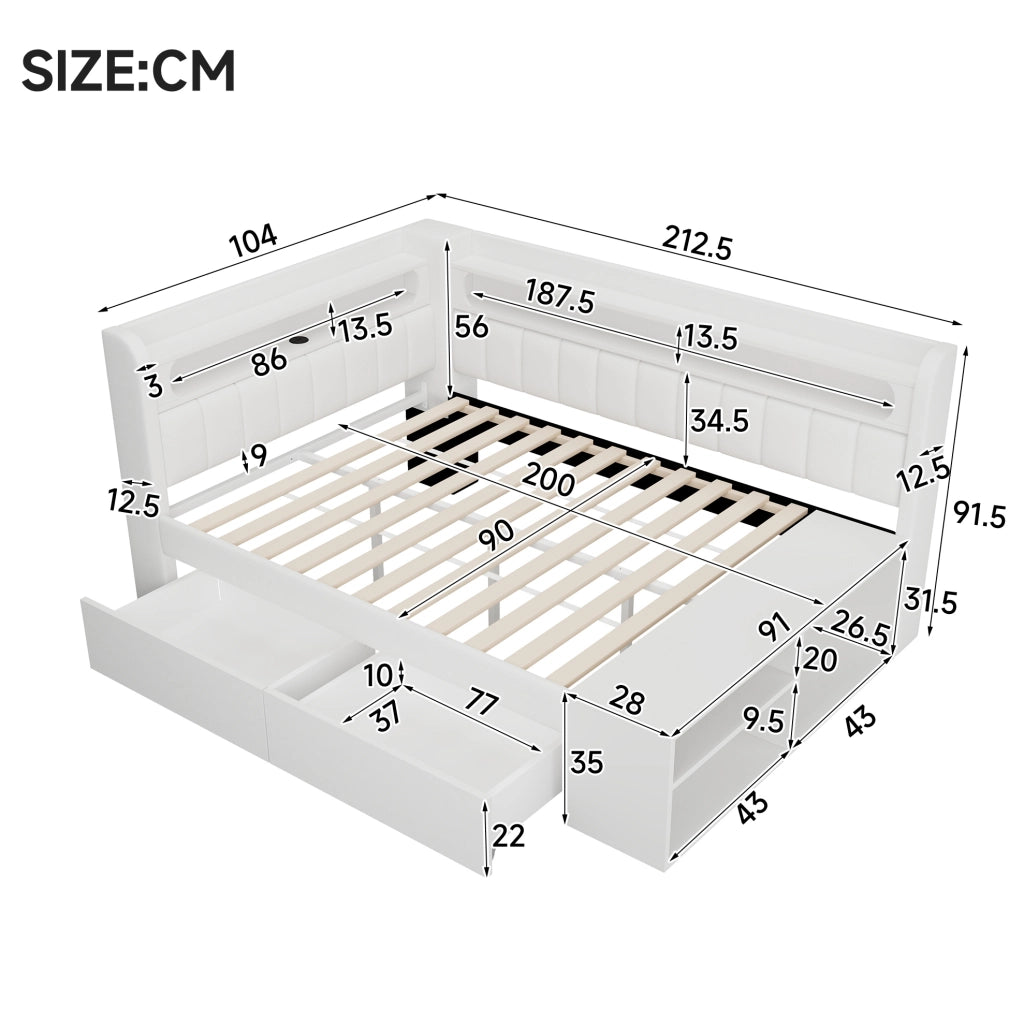 Letto pieghevole imbottito 90x200 cm con LED, USB, due cassetti e scarpiera bianco