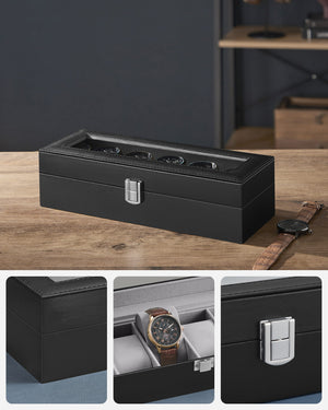 Valora Custodia per orologio nera con 6 scomparti e coperchio in vetro - contenitore