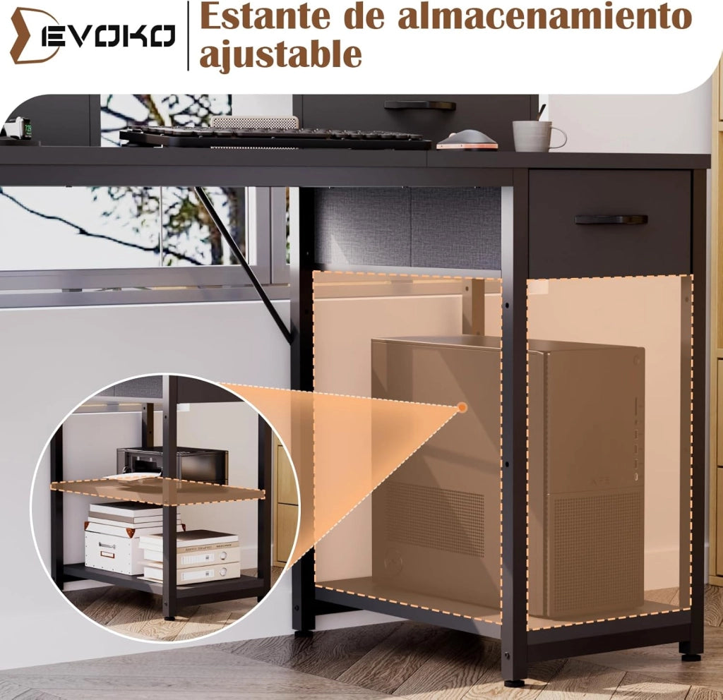 Scrivania Con Cassetti E Ripiano Reversibile, Scrivania Per Computer Con Contenitore, Supporto Per Monitor, Foro Per Cavi, 2 Ripiani Regolabili E Cassetto Inferiore, 120 X 50 Cm, Nero