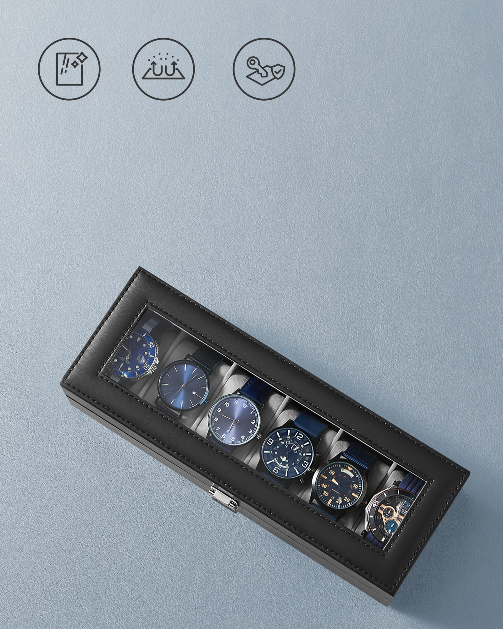 Valora Custodia per orologio nera con 6 scomparti e coperchio in vetro - contenitore