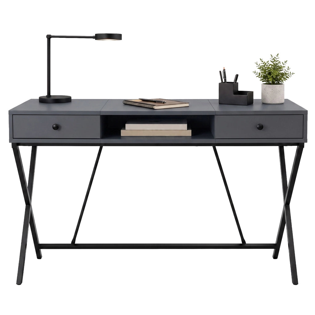 Scrivania PC industriale Grafite CROSSLINE 120 cm 2 cassetti 1 ripiano gambe nere