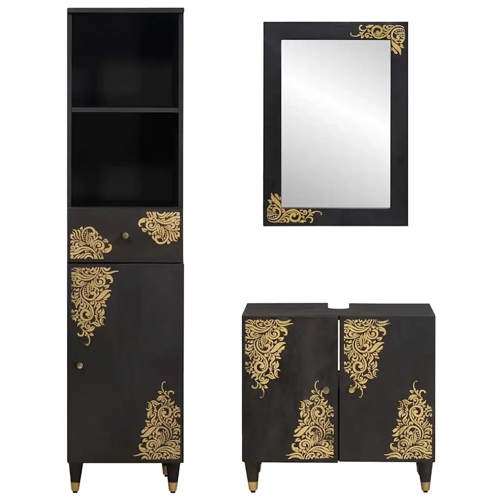 Set di Armadi da Bagno 3 pcs Nero Legno di mango massello