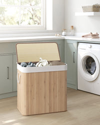 Cesto portabiancheria in bambù naturale Valora a 3 scomparti da 150 litri con coperchio