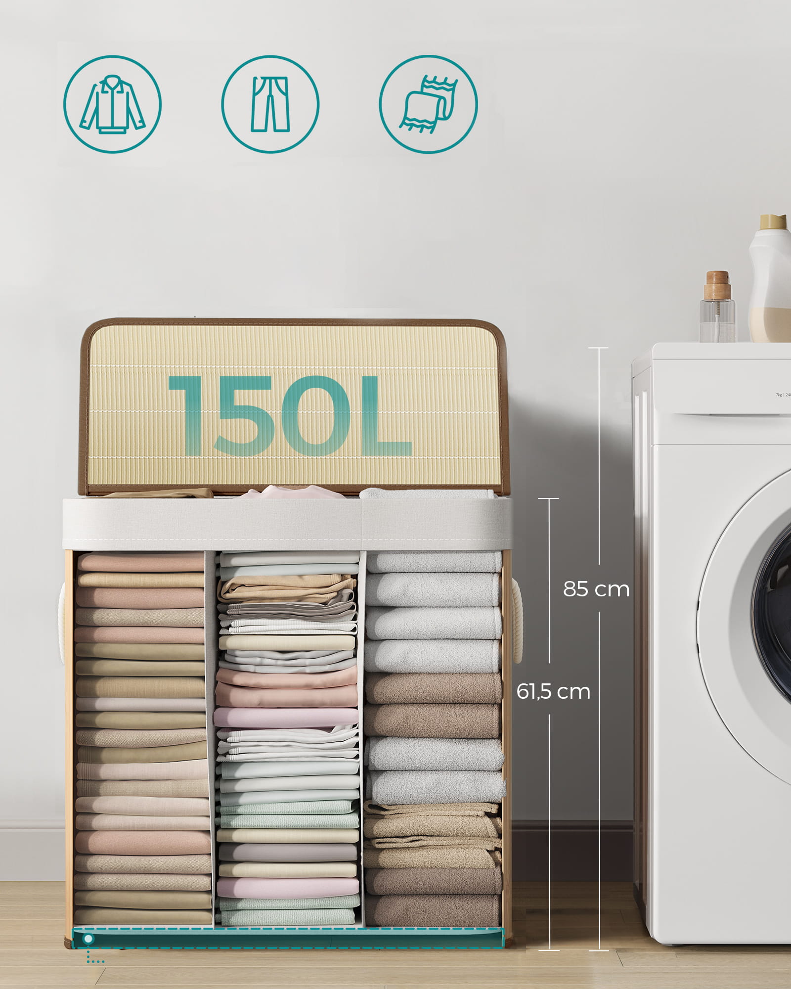 Cesto portabiancheria in bambù naturale Valora a 3 scomparti da 150 litri con coperchio