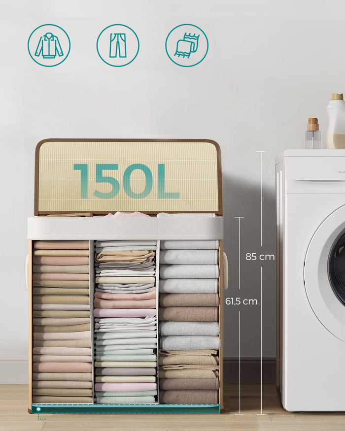 Cesto portabiancheria in bambù naturale Valora a 3 scomparti da 150 litri con coperchio