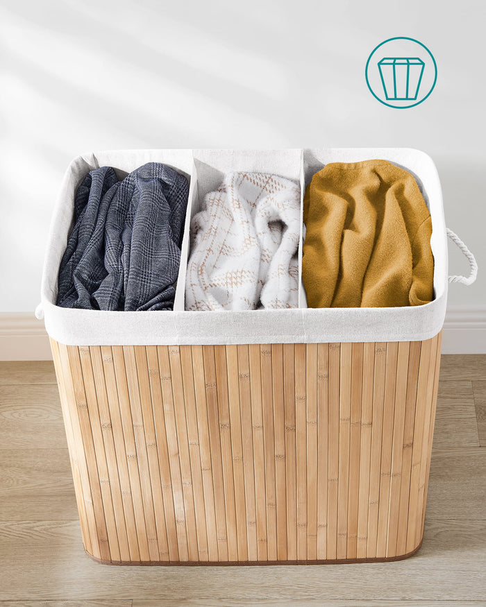 Cesto portabiancheria in bambù naturale Valora a 3 scomparti da 150 litri con coperchio