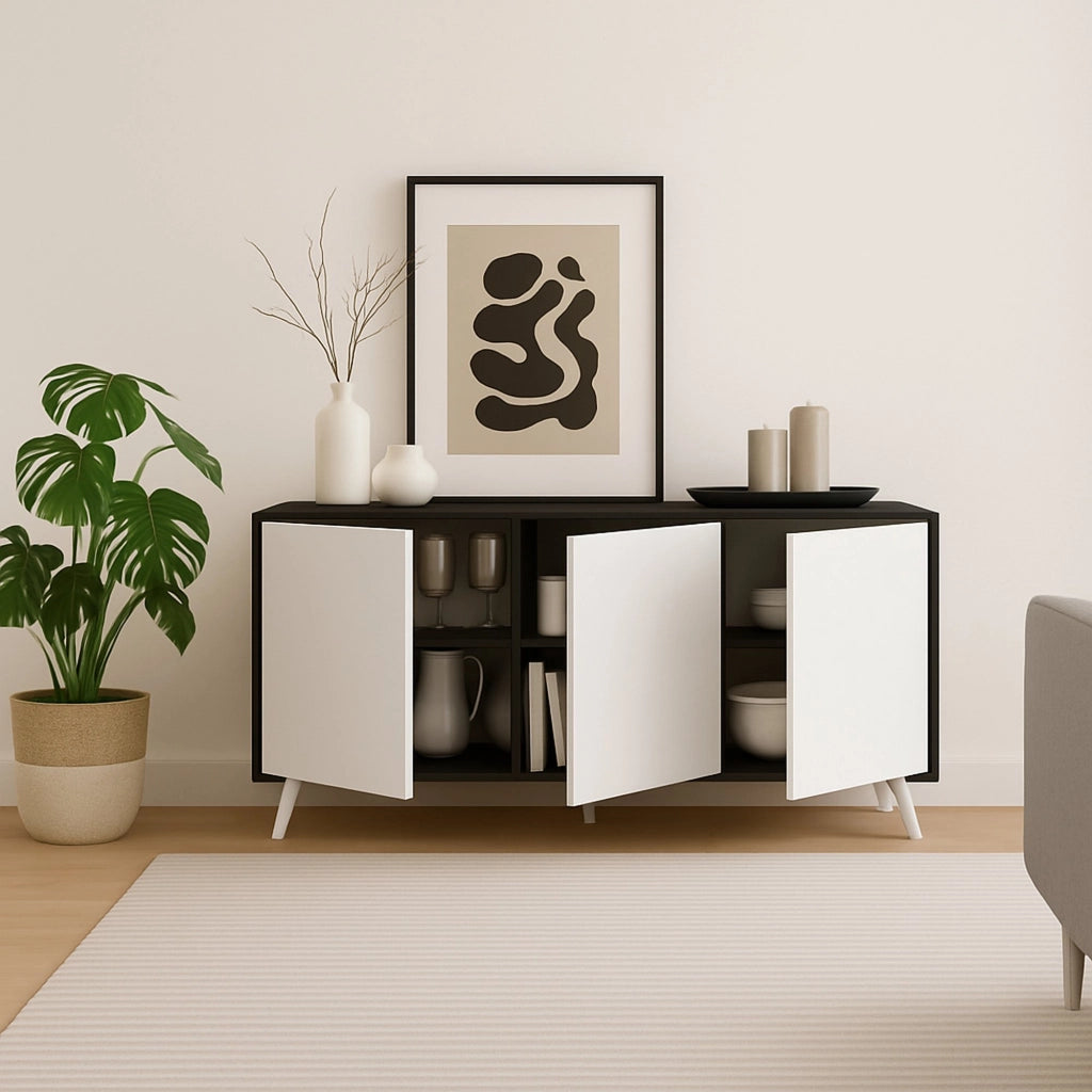 Credenza Annina, Buffet da soggiorno, Madia da salotto, Dispensa da cucina, 154x40h72 cm, Antracite e Bianco