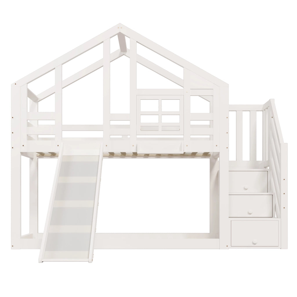 Letto a castello per bambini 90x200 cm in legno massello e MDF, bianco, con scivolo e contenitore