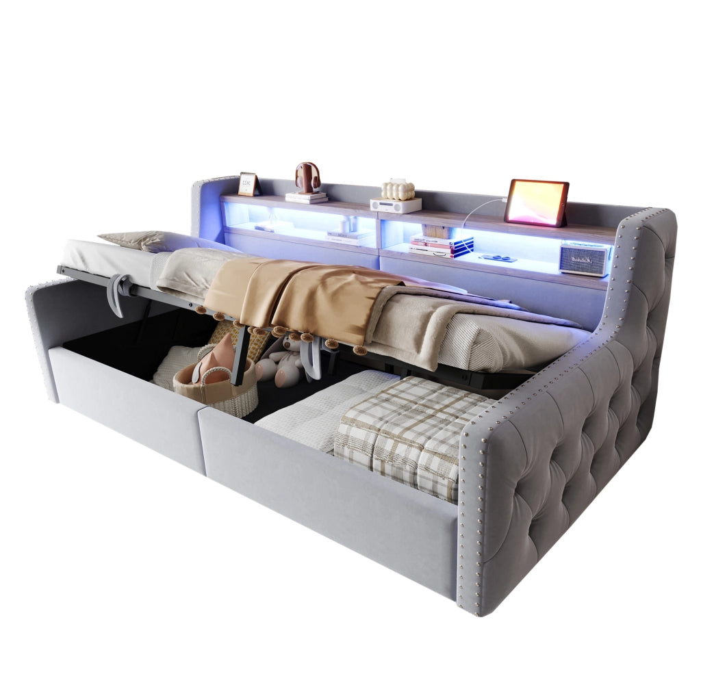 Divano letto imbottito 90x200 cm in velluto grigio chiaro con contenitore; LED e prese