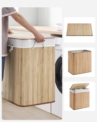 Cesto portabiancheria in bambù naturale Valora a 3 scomparti da 150 litri con coperchio