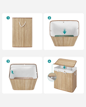 Cesto portabiancheria in bambù naturale Valora a 3 scomparti da 150 litri con coperchio