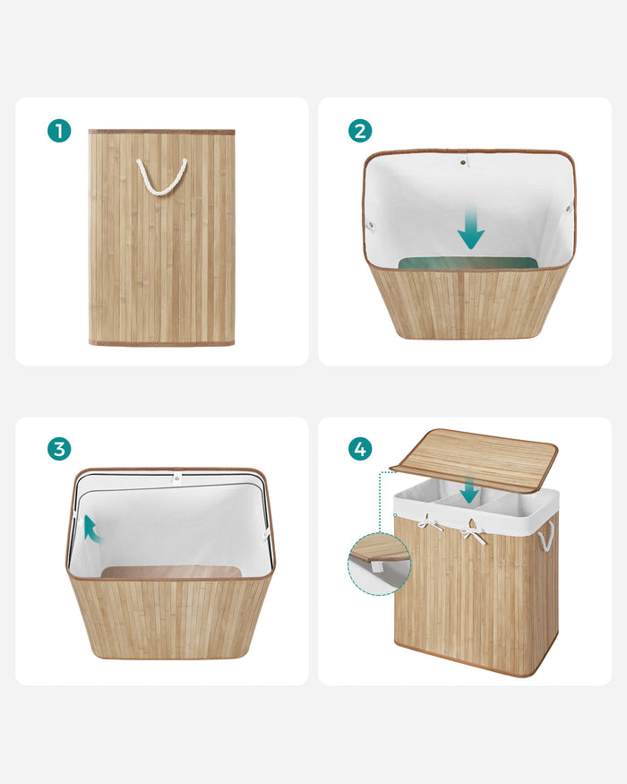 Cesto portabiancheria in bambù naturale Valora a 3 scomparti da 150 litri con coperchio