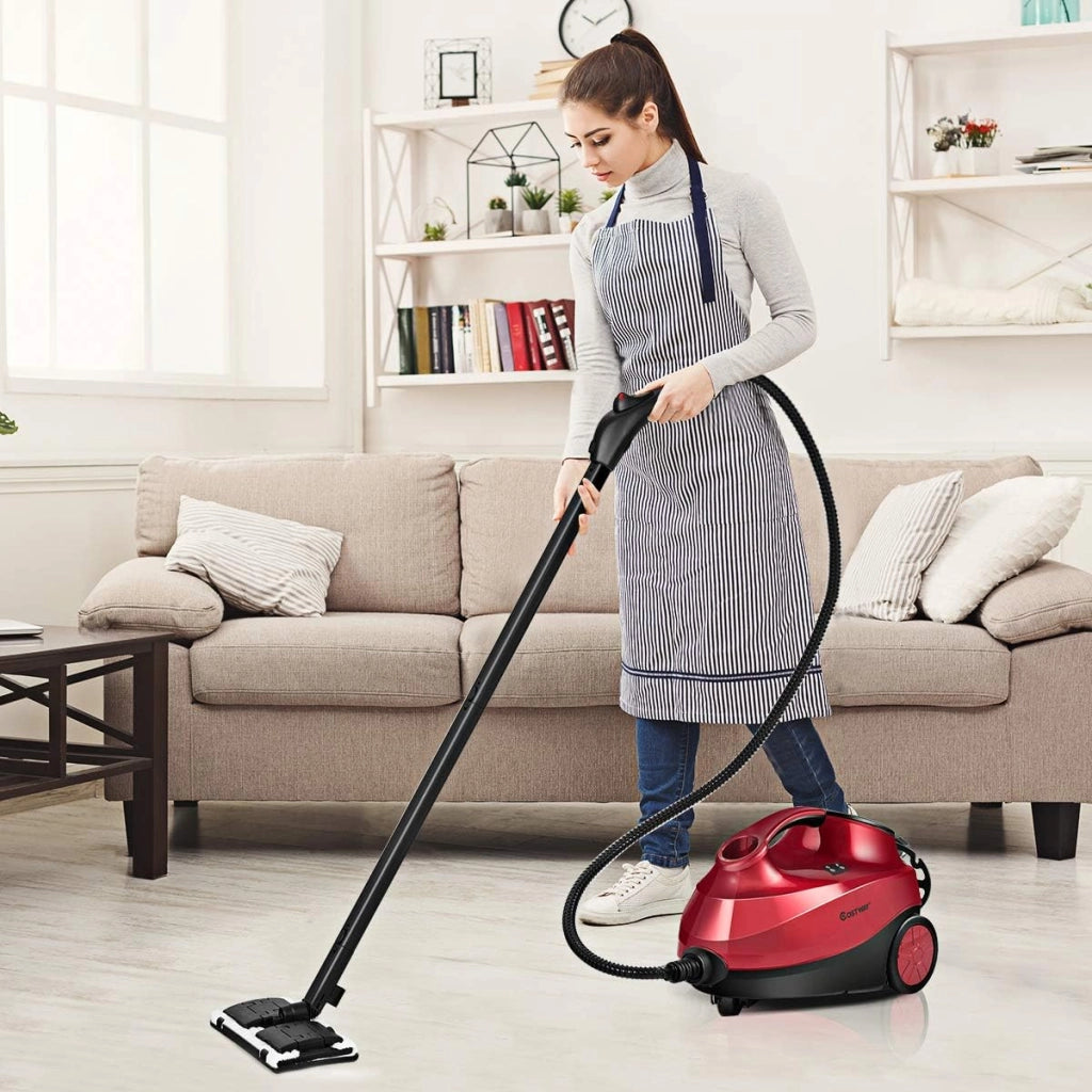 2000W Pulitore a Vapore con 19 Accessori e Serbatoio da 1,5L, Vapore per Tappeti, per Pulizie Profonde Pavimenti Finestre e Macchine (rosso)